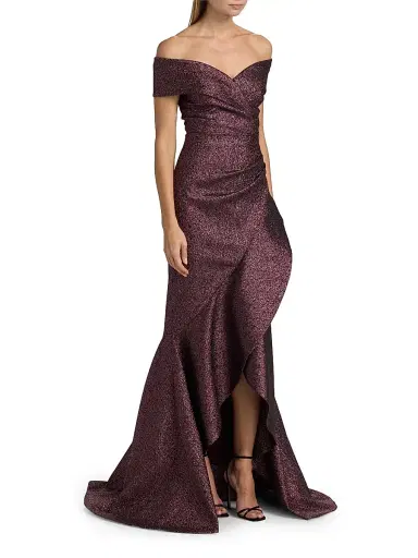 Teri Jon by Rickie Freeman Women's Metallic Jacquard Off-the-Shoulder Gown - Amethyst - Size 18 | Thumbnail 4 Teri Jon by Rickie Freeman Women's Metallic Jacquard Off-the-Shoulder Gown - Amethyst - Size 18 | Thumbnail 4