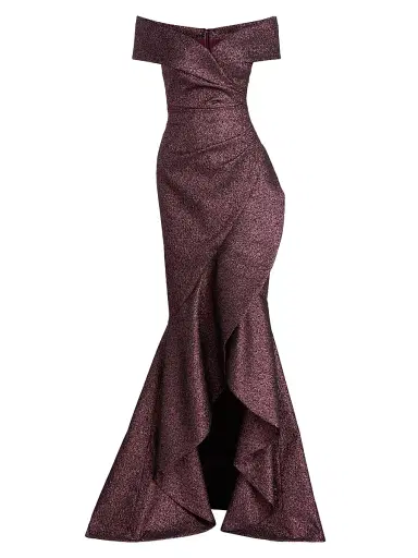 Teri Jon by Rickie Freeman Women's Metallic Jacquard Off-the-Shoulder Gown - Amethyst - Size 18 | Thumbnail 1 Teri Jon by Rickie Freeman Women's Metallic Jacquard Off-the-Shoulder Gown - Amethyst - Size 18 | Thumbnail 1