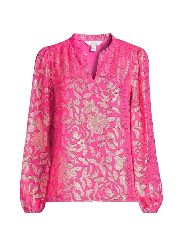 Women's Gianna Silk Long-Sleeve Blouse - Sun Shell Pink Floral Bloom