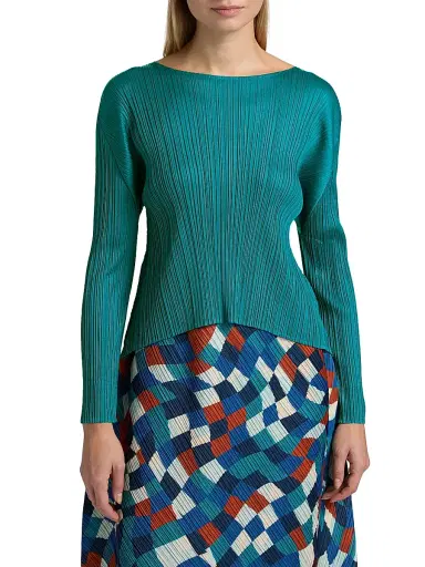 Pleats Please Issey Miyake Women's Monthly Colors: October Long-Sleeve Top - Turquoise Green | Thumbnail 3