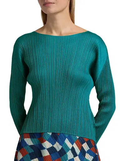 Pleats Please Issey Miyake Women's Monthly Colors: October Long-Sleeve Top - Turquoise Green | Thumbnail 6