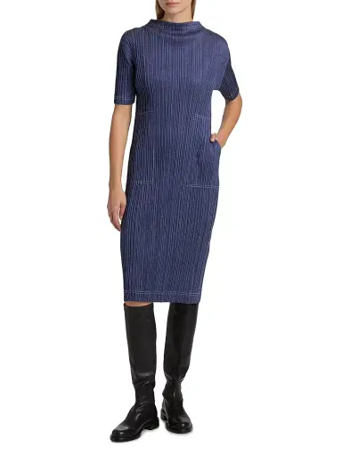 Pleats Please Issey Miyake Women's Denim Trompe L'Oeil Midi-Dress - Blue | Thumbnail 2