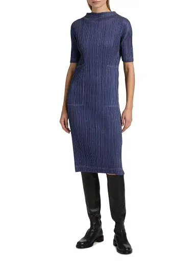Pleats Please Issey Miyake Women's Denim Trompe L'Oeil Midi-Dress - Blue | Thumbnail 3