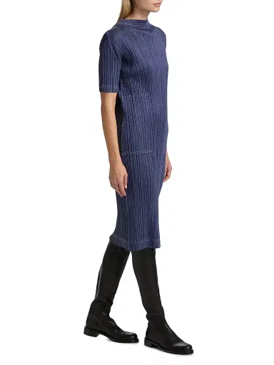 Pleats Please Issey Miyake Women's Denim Trompe L'Oeil Midi-Dress - Blue | Thumbnail 4