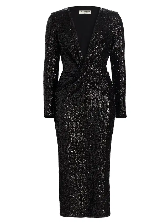 Chiara Boni La Petite Robe Women's Jarra Sequined Twist-Front V-Neck Midi-Dress - Black