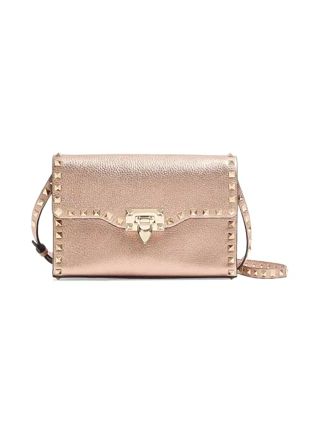 Valentino Garavani Women's Rockstud  Crossbody Bag in Laminated Grainy Calfskin Leather - Rose Cannelle
