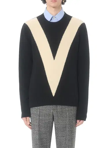 Valentino Garavani Men's Wool Sweater with Inlaid V - Black Butter - Size Small | Thumbnail 2 Valentino Garavani Men's Wool Sweater with Inlaid V - Black Butter - Size Small | Thumbnail 2