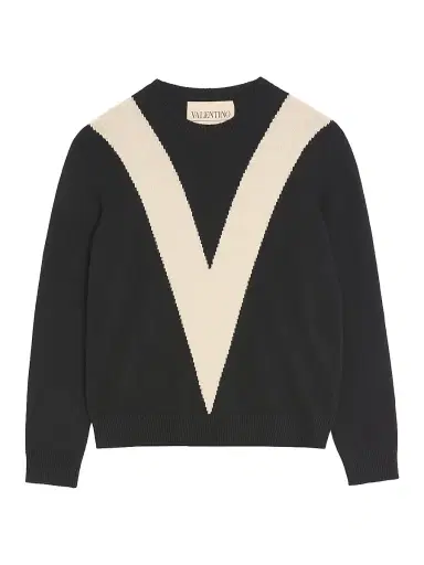 Valentino Garavani Men's Wool Sweater with Inlaid V - Black Butter - Size Small | Thumbnail 1 Valentino Garavani Men's Wool Sweater with Inlaid V - Black Butter - Size Small | Thumbnail 1
