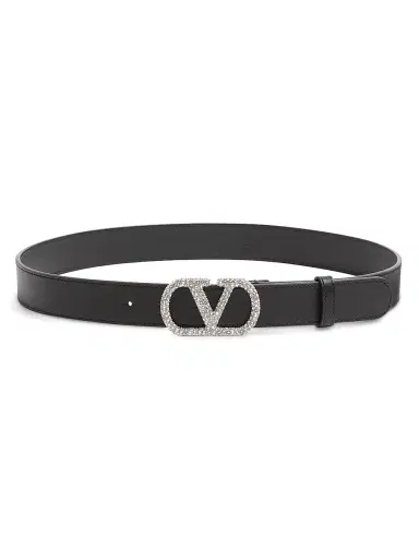 Valentino Garavani Women's Vlogo Signature Belt in Shiny Calfskin with Crystals - Black - Size XS | Thumbnail 1