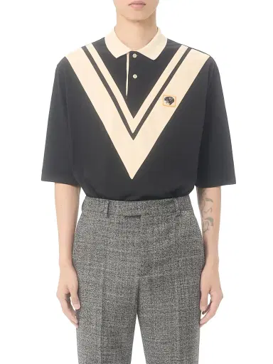 Valentino Garavani Men's Cotton Polo with Inlaid V and Embroidered Panther Patch - Black Butter - Size Small | Thumbnail 2