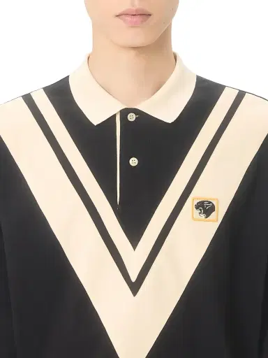 Valentino Garavani Men's Cotton Polo with Inlaid V and Embroidered Panther Patch - Black Butter - Size Small | Thumbnail 5