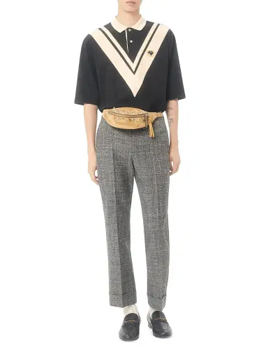 Valentino Garavani Men's Cotton Polo with Inlaid V and Embroidered Panther Patch - Black Butter - Size Small | Thumbnail 7