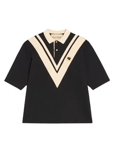 Valentino Garavani Men's Cotton Polo with Inlaid V and Embroidered Panther Patch - Black Butter - Size Small | Thumbnail 1