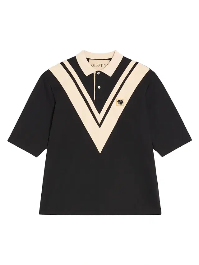 Men's Cotton Polo with Inlaid V and Embroidered Panther Patch - Black Butter