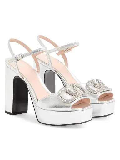 Valentino Garavani Women's VLogo Signature 115MM Platform Sandals in Laminated Nappa Leather - Silver - Size 10 | Thumbnail 2