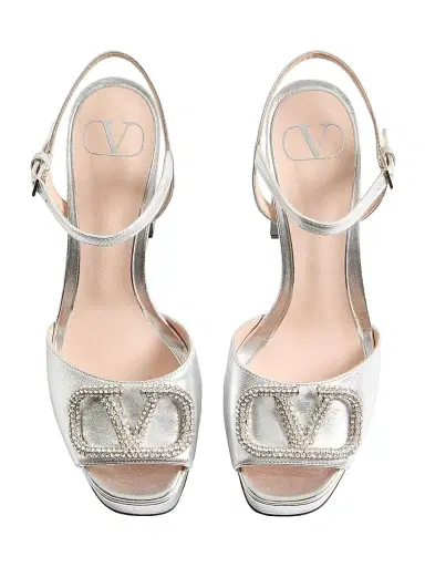 Valentino Garavani Women's VLogo Signature 115MM Platform Sandals in Laminated Nappa Leather - Silver - Size 10 | Thumbnail 4