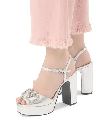 Valentino Garavani Women's VLogo Signature 115MM Platform Sandals in Laminated Nappa Leather - Silver - Size 10 | Thumbnail 7