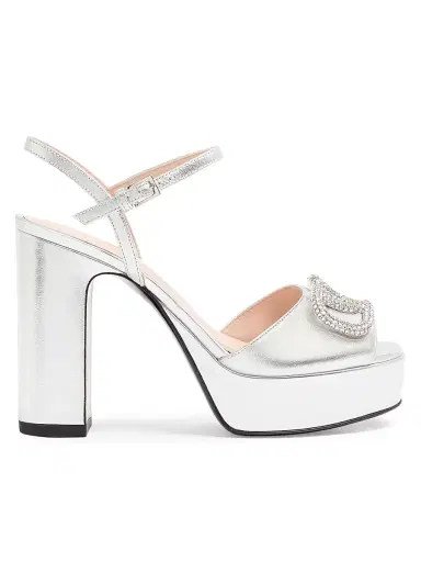 Valentino Garavani Women's VLogo Signature 115MM Platform Sandals in Laminated Nappa Leather - Silver - Size 10 | Thumbnail 1
