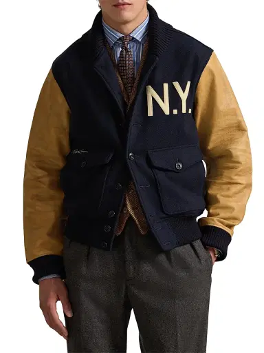 Polo Ralph Lauren Men's Mixed-Media Wool-Blend Bomber Jacket - Hunter Navy | Thumbnail 3 Polo Ralph Lauren Men's Mixed-Media Wool-Blend Bomber Jacket - Hunter Navy | Thumbnail 3