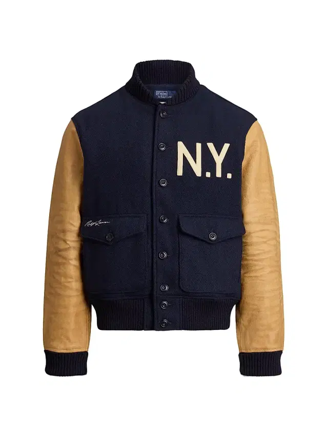 Men's Mixed-Media Wool-Blend Bomber Jacket - Hunter Navy Men's Mixed-Media Wool-Blend Bomber Jacket - Hunter Navy