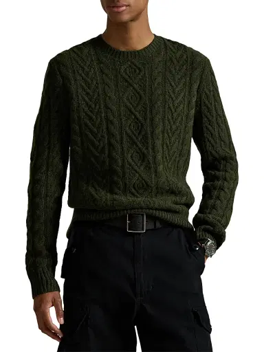 Polo Ralph Lauren Men's Fisherman Cable-Knit Wool-Alpaca Sweater - Leaf Green Heather | Thumbnail 9