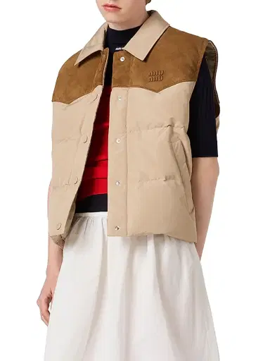 Miu Miu Women's Technical Pongé and Leather Down Vest - Beige Khaki - Size 6 | Thumbnail 2 Miu Miu Women's Technical Pongé and Leather Down Vest - Beige Khaki - Size 6 | Thumbnail 2