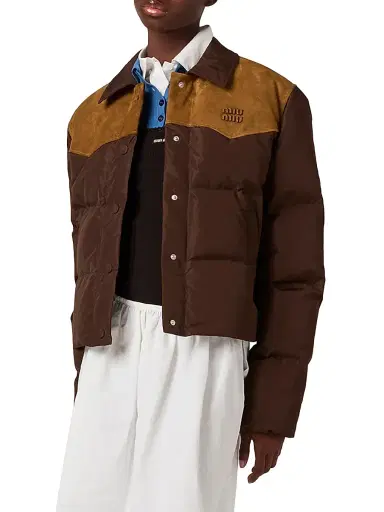 Miu Miu Women's Technical Pongé and Leather Down Jacket | Thumbnail 2 Miu Miu Women's Technical Pongé and Leather Down Jacket | Thumbnail 2