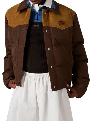 Miu Miu Women's Technical Pongé and Leather Down Jacket | Thumbnail 3 Miu Miu Women's Technical Pongé and Leather Down Jacket | Thumbnail 3