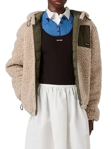 Miu Miu Women's Medium Weight Teddy Down Jacket with Technical Pongé - Beige Khaki - Size 10 | Thumbnail 2