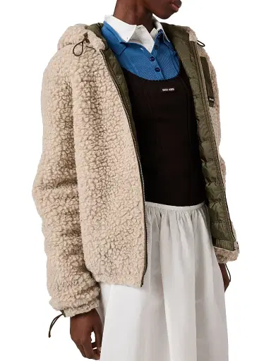 Miu Miu Women's Medium Weight Teddy Down Jacket with Technical Pongé - Beige Khaki - Size 10 | Thumbnail 4