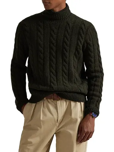 Polo Ralph Lauren Men's Wool-Cashmere Cable-Knit Turtleneck Sweater - Vest Olive Heather | Thumbnail 3 Polo Ralph Lauren Men's Wool-Cashmere Cable-Knit Turtleneck Sweater - Vest Olive Heather | Thumbnail 3