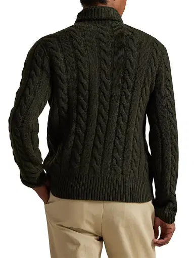 Polo Ralph Lauren Men's Wool-Cashmere Cable-Knit Turtleneck Sweater - Vest Olive Heather | Thumbnail 4 Polo Ralph Lauren Men's Wool-Cashmere Cable-Knit Turtleneck Sweater - Vest Olive Heather | Thumbnail 4