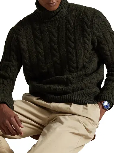 Polo Ralph Lauren Men's Wool-Cashmere Cable-Knit Turtleneck Sweater - Vest Olive Heather | Thumbnail 5 Polo Ralph Lauren Men's Wool-Cashmere Cable-Knit Turtleneck Sweater - Vest Olive Heather | Thumbnail 5