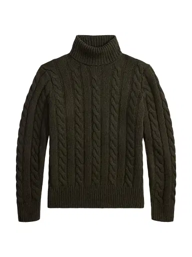 Polo Ralph Lauren Men's Wool-Cashmere Cable-Knit Turtleneck Sweater - Vest Olive Heather | Thumbnail 1 Polo Ralph Lauren Men's Wool-Cashmere Cable-Knit Turtleneck Sweater - Vest Olive Heather | Thumbnail 1
