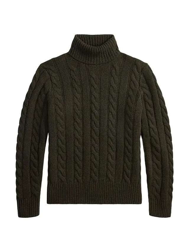 Men's Wool-Cashmere Cable-Knit Turtleneck Sweater - Vest Olive Heather
