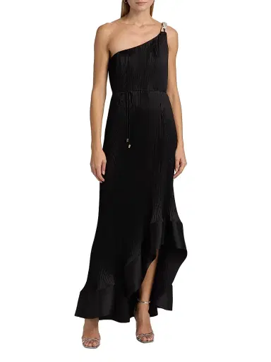 Milly Women's Mariah Embellished-Strap Pleated Satin Maxi Dress - Black | Thumbnail 3