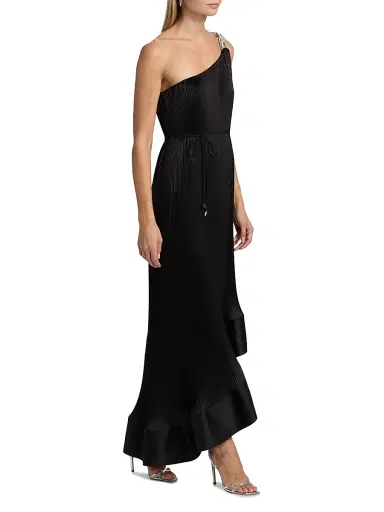 Milly Women's Mariah Embellished-Strap Pleated Satin Maxi Dress - Black | Thumbnail 4