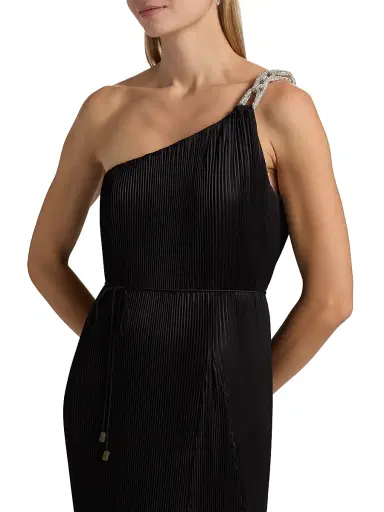 Milly Women's Mariah Embellished-Strap Pleated Satin Maxi Dress - Black | Thumbnail 6