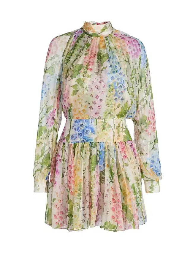 Oscar de la Renta Women's Sheer Foxgloves Silk Chiffon Long-Sleeve Minidress - White Multi