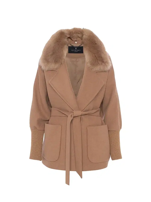 Gorski Women's Fabric Coat with Detachable Shearling Lamb Collar, Belt - Camel