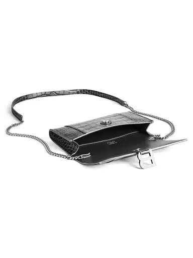 Balenciaga Women's Hourglass Metallized Crocodile Embossed Wallet on Chain - Gun Metal | Thumbnail 3 Balenciaga Women's Hourglass Metallized Crocodile Embossed Wallet on Chain - Gun Metal | Thumbnail 3