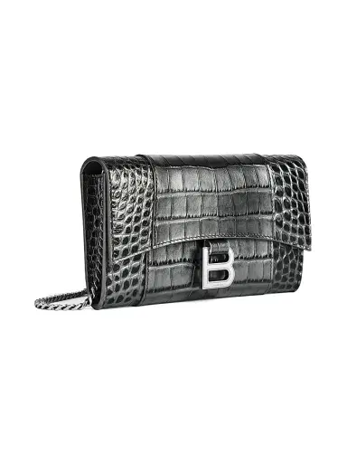 Balenciaga Women's Hourglass Metallized Crocodile Embossed Wallet on Chain - Gun Metal | Thumbnail 4 Balenciaga Women's Hourglass Metallized Crocodile Embossed Wallet on Chain - Gun Metal | Thumbnail 4