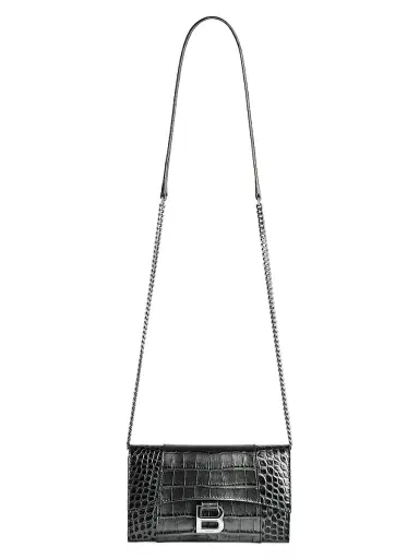 Balenciaga Women's Hourglass Metallized Crocodile Embossed Wallet on Chain - Gun Metal | Thumbnail 1 Balenciaga Women's Hourglass Metallized Crocodile Embossed Wallet on Chain - Gun Metal | Thumbnail 1