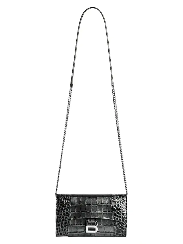 Balenciaga Women's Hourglass Metallized Crocodile Embossed Wallet on Chain - Gun Metal