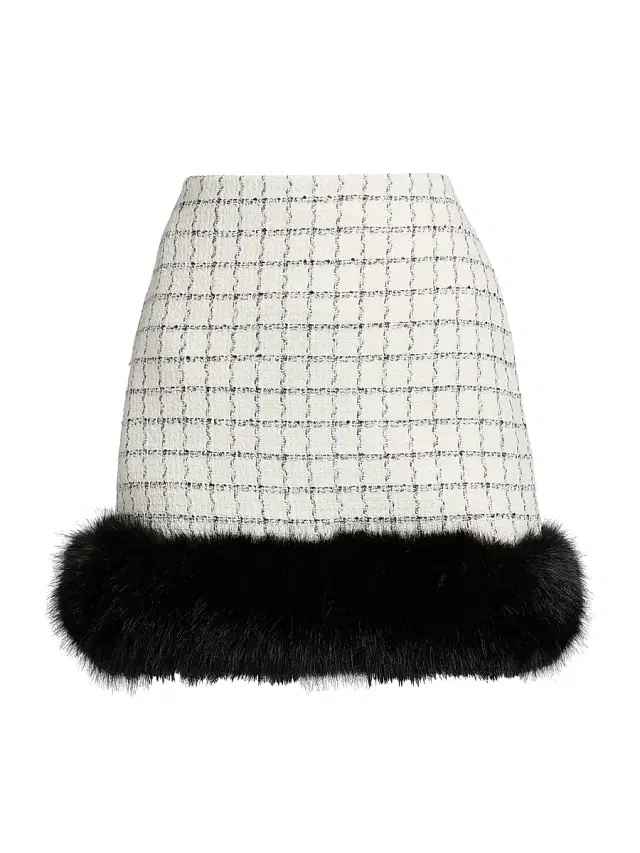 Self-Portrait Women's Check Boucle Faux Fur Hem Miniskirt - Cream
