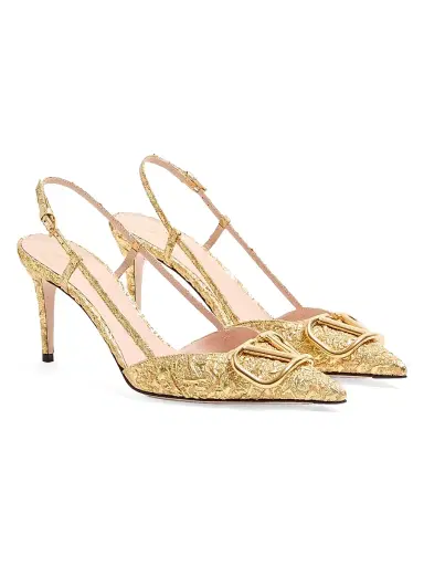 Valentino Garavani Women's VLogo Signature 80MM Slingback Pumps in Cloqué Jacquard Fabric - Gold - Size 5.5 | Thumbnail 2