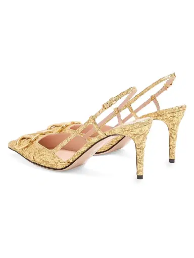 Valentino Garavani Women's VLogo Signature 80MM Slingback Pumps in Cloqué Jacquard Fabric - Gold - Size 5.5 | Thumbnail 3