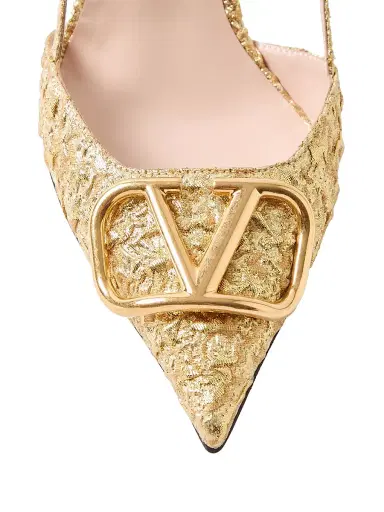 Valentino Garavani Women's VLogo Signature 80MM Slingback Pumps in Cloqué Jacquard Fabric - Gold - Size 5.5 | Thumbnail 6