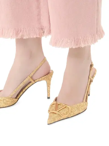 Valentino Garavani Women's VLogo Signature 80MM Slingback Pumps in Cloqué Jacquard Fabric - Gold - Size 5.5 | Thumbnail 7