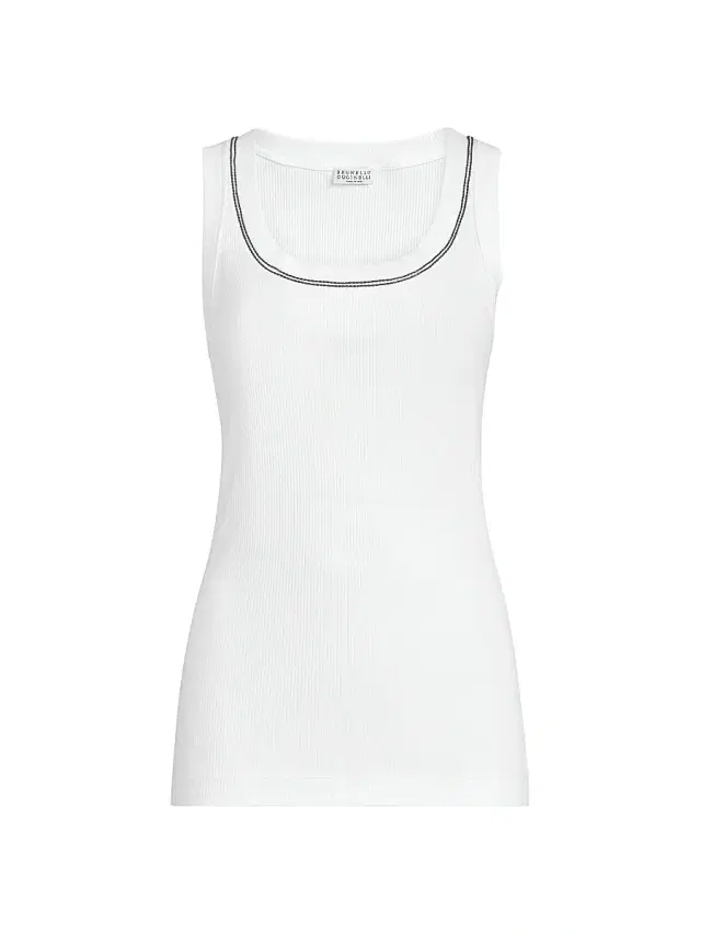 Women's Stretch Cotton Ribbed Jersey Top with Shiny Trim - White